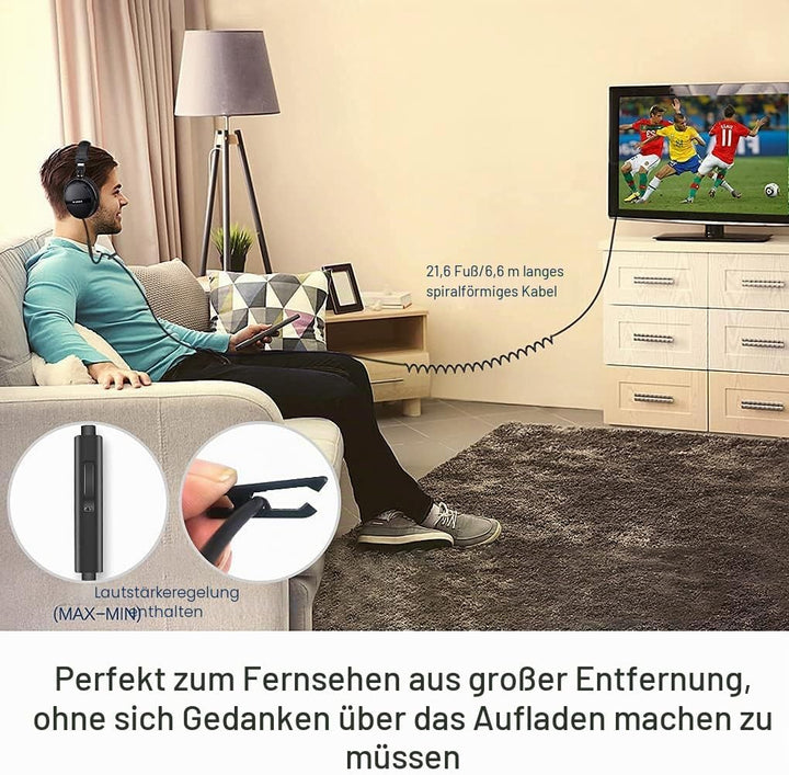 SIMOLIO TV Kopfhörer mit Langem Kabel für Fernseher, 15ft Spule Kabel Plus 6.6ft Verlängerungskabel,