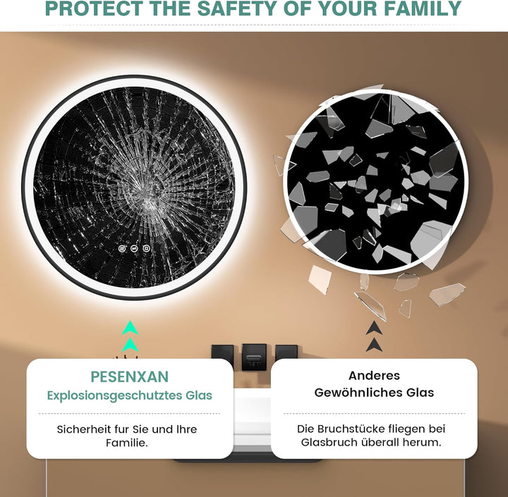 Runder Spiegel mit Beleuchtung 60 cm – Antibeschlag, Dimmbar, 3 Lichtfarben, LED Badspiegel mit Touc