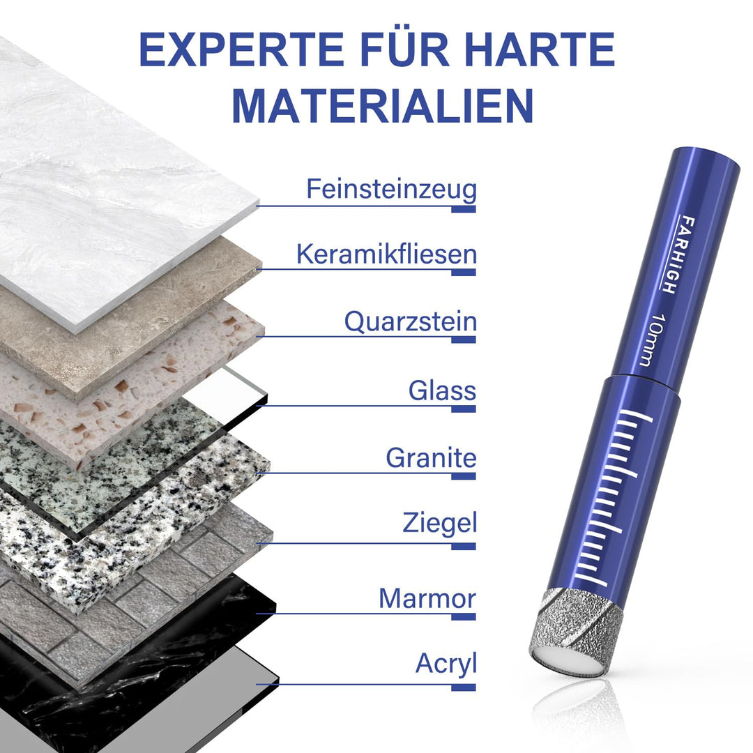 Diamantbohrer Fliesenbohrer Glasbohrer Set 6, 8, 10, 12mm & 6mm Hartmetallbohrer für Keramik,Porzell