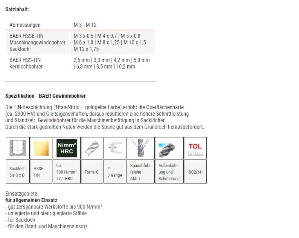 BaerCoil BAER Gewindeschneider Set HSSE-TIN: Maschinengewindebohrer Sackloch, Kernlochbohrer: M 3-12