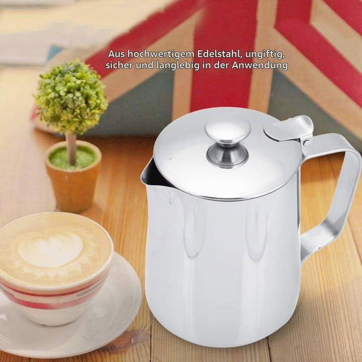MAGT Milchkännchen mit Deckel, Edelstahl Milchkanne 350ml Kaffeekanne Edelstahl Milchschaumkännchen
