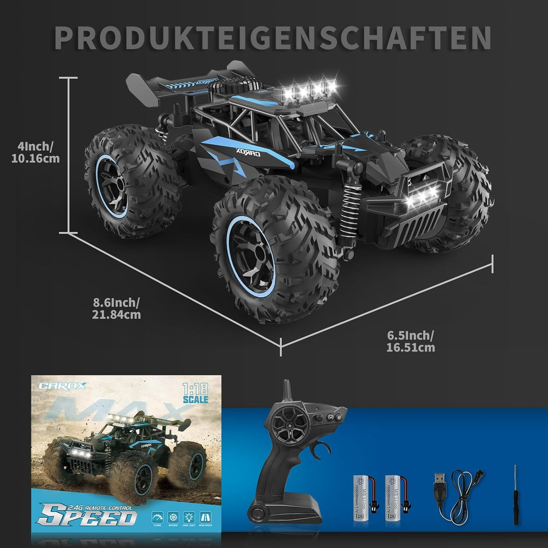 Carox Ferngesteuertes Auto,2.4 GHz 25 km/h RC Auto,1:18 Off Road Monstertruck mit Scheinwerfer und F