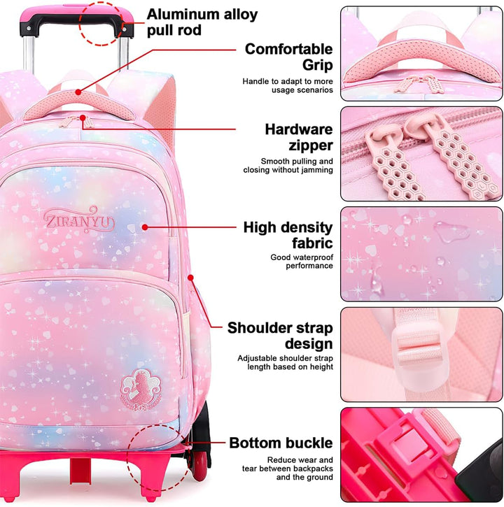 3PCS Schulrucksack Rollen Mädchen Trolley Rucksack mit Rollen Mädchen Teenager Schultasche Grundschu