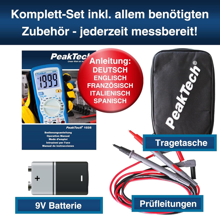 PeakTech Kompaktes Digital-Multimeter P1035 zur Messung von Spannung, Gleichstrom und Widerstand, Bl