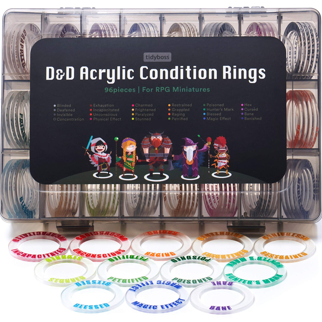 Tidyboss DND Miniatures Acrylic Condition Rings 96 PCS Status Effects Markers in 24 Conditions &amp; Col
