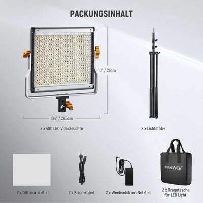 NEEWER 2er Pack dimmbares zweifarbiges 480 LED Videolicht und Ständerbeleuchtungsset beinhaltet: 320