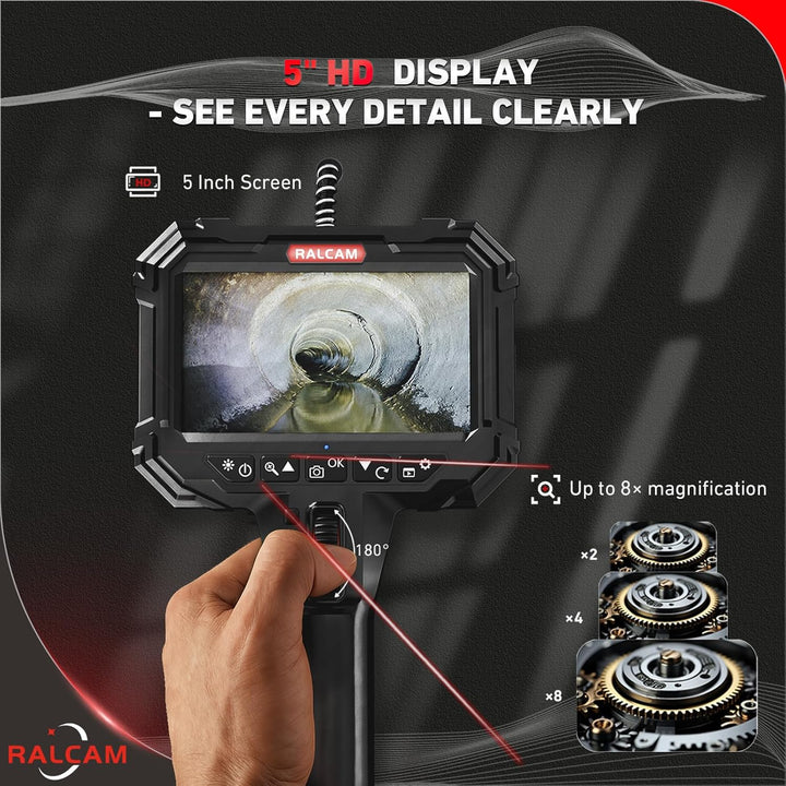 Ralcam Endoskopkamera mit Licht, Endoscope Camera mit 210° beweglichem Kopf, 5.5mm Sonde, 5" HD Bild