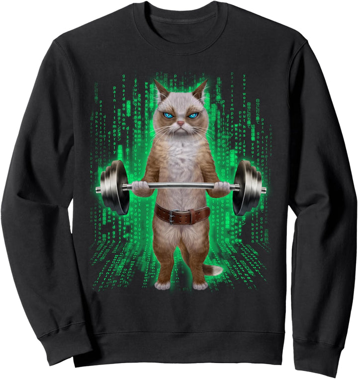 Ragdoll Katze, die Gewichte im Cyber-Fitnessstudio hebt Sweatshirt