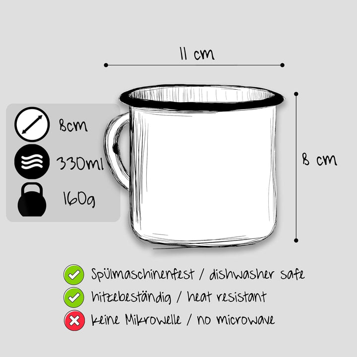 MUGSY Emaille Tasse mit Spruch The Adventure Begins, 330 ml, Camping Tasse, Camping Ausrüstung, Retr