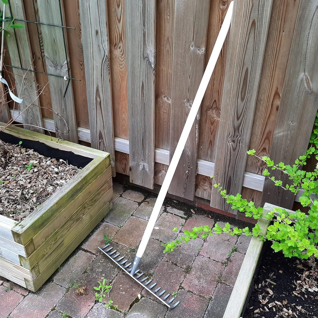 Garten Gerät Harke Rasen Boden Erde Rechen 18 Zinken Stahl Silber Gartenrechen 45,5 cm mit Holz Stie