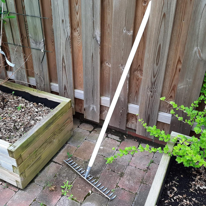 Garten Gerät Harke Rasen Boden Erde Rechen 18 Zinken Stahl Silber Gartenrechen 45,5 cm mit Holz Stie