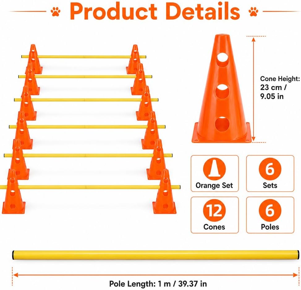 Steckhürdenset, Agility Set Hunde mit 12 Kegel(23cm) + 6 Stangen(1 m), Cavaletti Hund für Koordinati