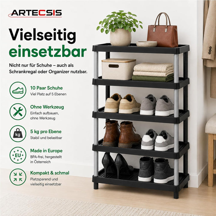 ARTECSIS Schuhregal schmal 5 Ebenen Schwarz I Schuhablage aus Kunststoff 49,5x34,5x82,5cm, 5 Ebenen