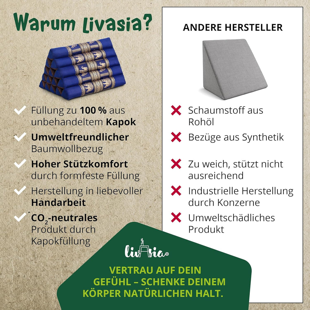 livasia Rückenstützkissen extrahoch mit Thaiseide - 38x55x35cm - Dreieckskissen für Garten/Balkon, K