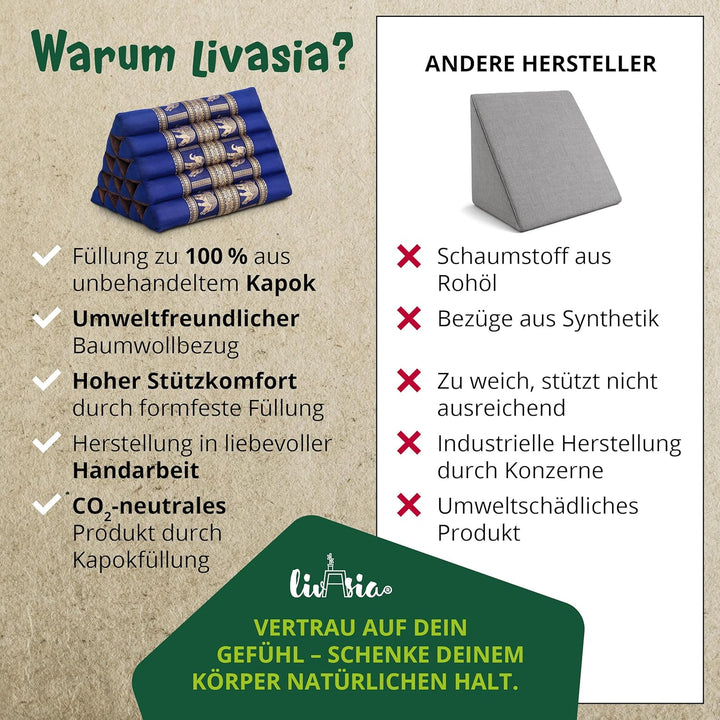 livasia Rückenstützkissen extrahoch mit Thaiseide - 38x55x35cm - Dreieckskissen für Garten/Balkon, K
