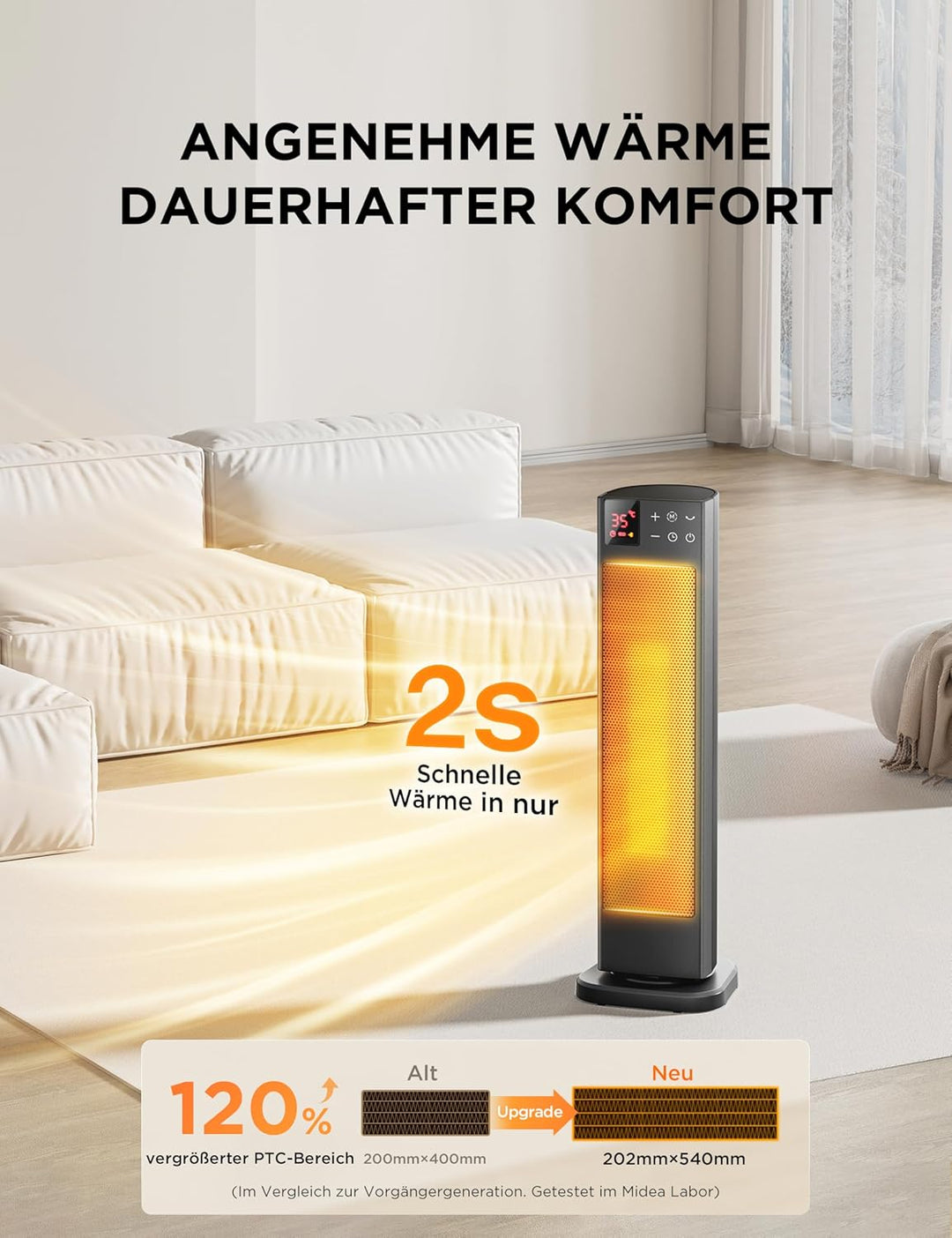 Midea NTH20-22ER(GR) Elektroheizung Keramik 2000W mit Thermostat & Fernbedienung, 58 cm, 3 Modi 24h-