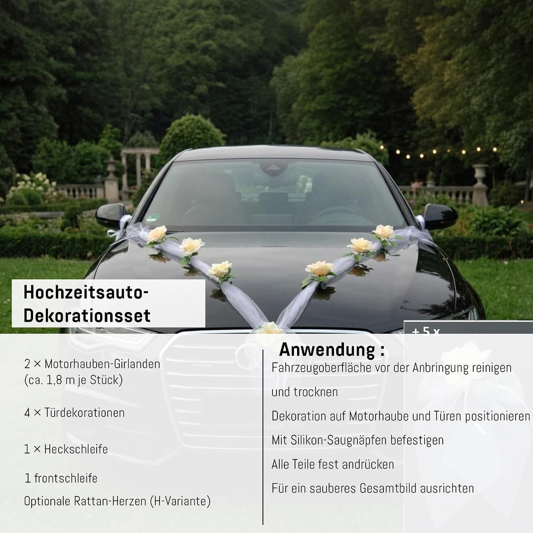 Organza M + Schleife Auto Schmuck Braut Paar Rose Deko Dekoration Autoschmuck Hochzeit Car Auto Wedd