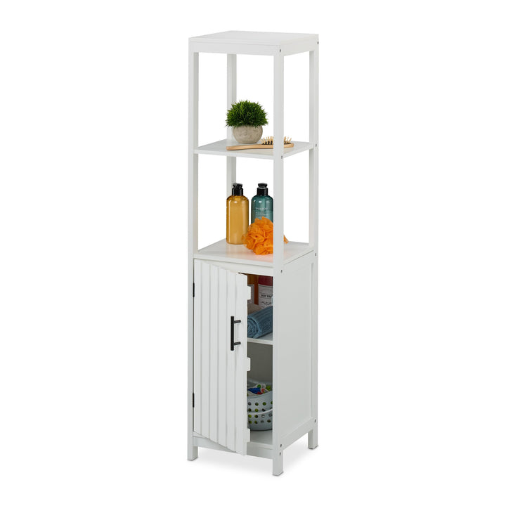 Relaxdays Badezimmerschrank, HxBxT: 129 x 30 x 30 cm, 4 Fächer, MDF, schmaler Badschrank, Badezimmer