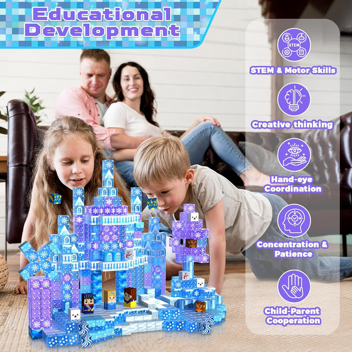 Magnetische Bausteine, 100 Pcs Magnetbausteine bauen einer eisblaue Zauberwelt, kreative Kinderspiel