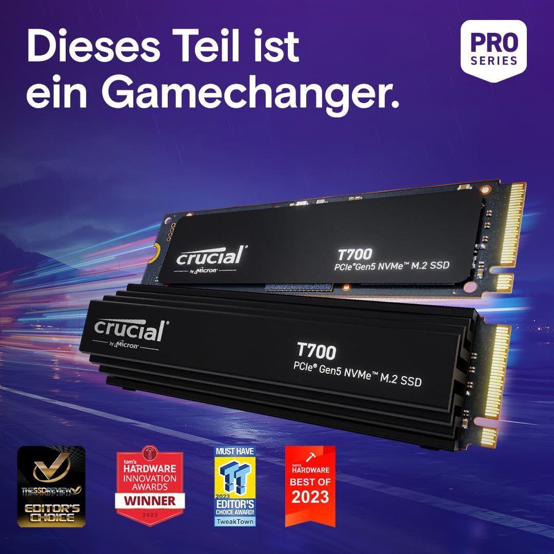 Crucial T700 1TB Gen5 NVMe M.2 SSD mit Kühlkörper - Bis zu 11.700 MB/s - DirectStorage-fähig - Gamin