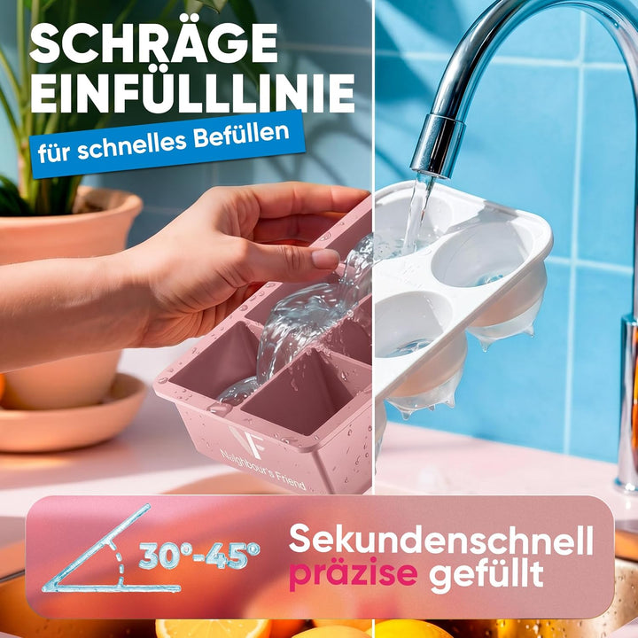 Rosa XXL Eiskugel- & Eiswürfelform Set – Stylische Eisformen aus Platin Silikon für Eiskaffee, Cockt