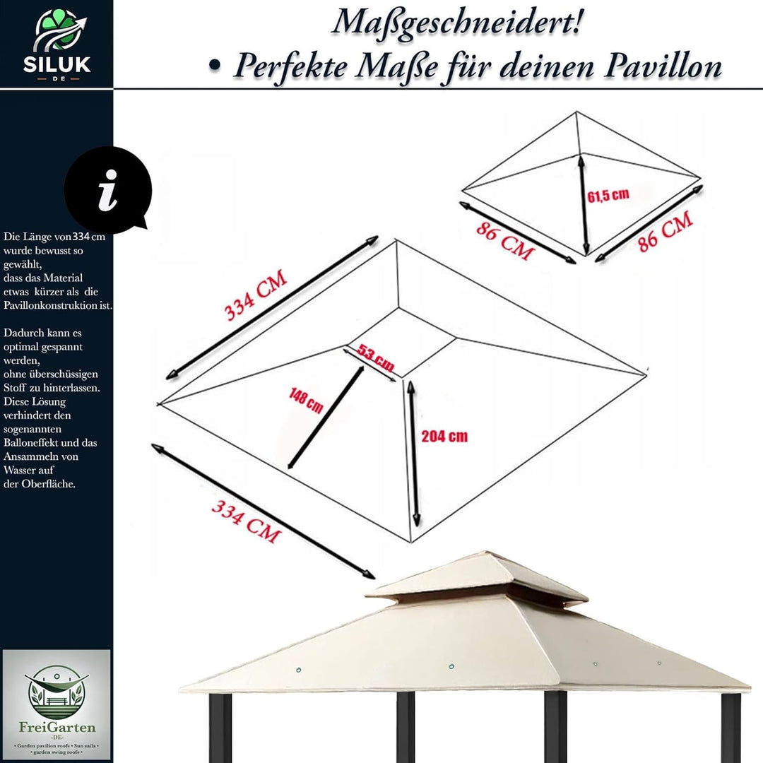 freigarten.de Ersatzdach für Pavillon 334 cm x 334 cm Sand Antik Pavillon Wasserdicht Material: Pana