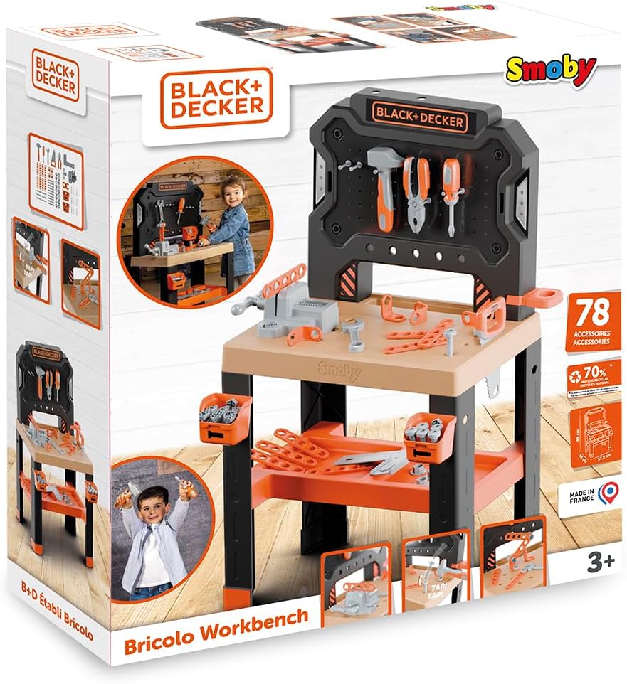 Smoby – Black+Decker Werkbank – 78 Zubehörteile inkl. 7 Werkzeuge wie Säge, Schraubstock, Schraubend