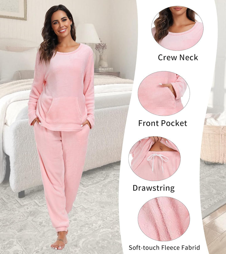 Lovasy Fleece Schlafanzug Damen Lang Winter Warmer Pyjama Set Flauschiger Frottee Schlafanzüge für D