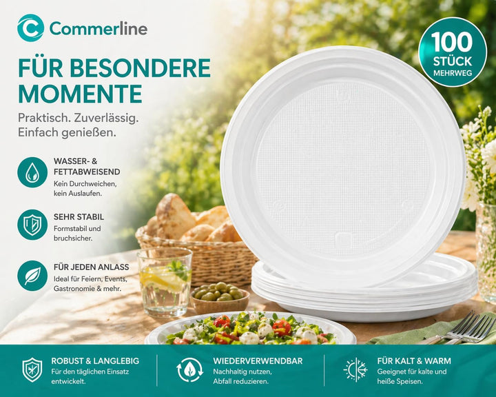 Commerline Plastikteller 100 Stück Ungeteilt | Mehrweg Ø22 cm Plastik Teller Kunststoffteller | Part
