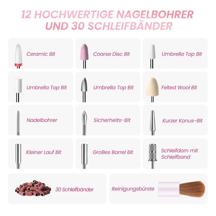 Nagelfräser Kabellos Elektrische Nagelfeile, 35000 U/Min Professionell Nail Drill, 15 in 1 Nagelfräs