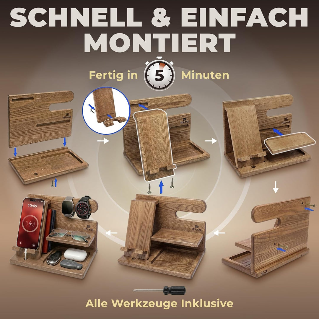 TESLYAR Holz-Telefon-Dockingstation für Männer – Schreibtisch- oder Nachttisch-Organizer – Geburtsta