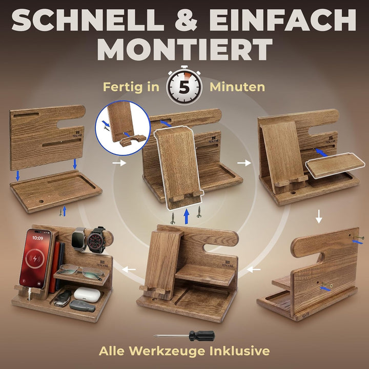 TESLYAR Holz-Telefon-Dockingstation für Männer – Schreibtisch- oder Nachttisch-Organizer – Geburtsta