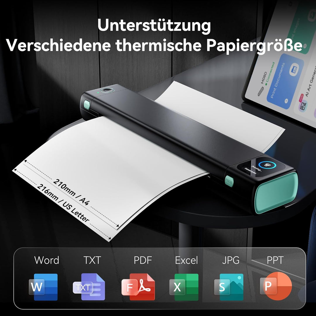 Phomemo M08D Touchscreen Mobiler Drucker, Bluetooth Thermodrucker A4, Rechnungen, Reisedrucker, Mini