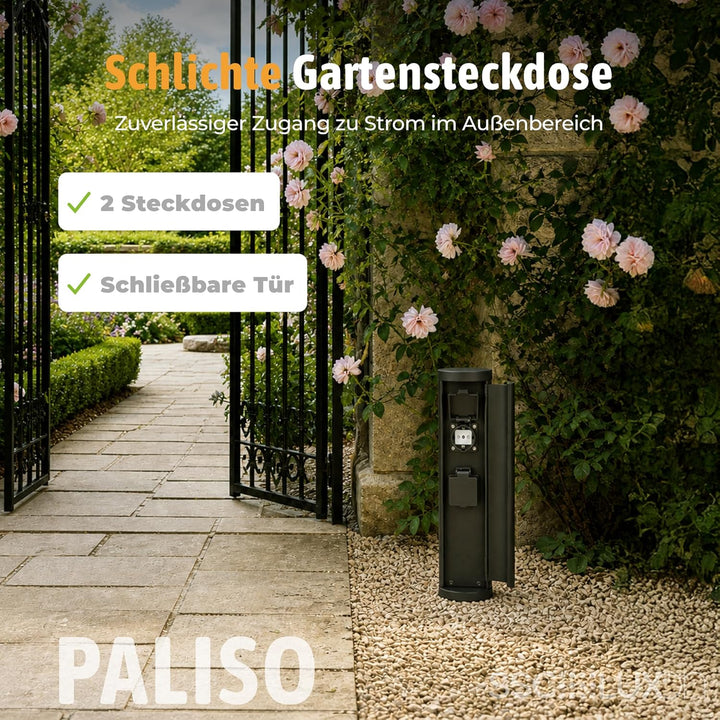SSC-LUXon PALISO Design Steckdosensäule mit 2X Steckdosen für Garten & Aussen - Energiesäule mit Tür