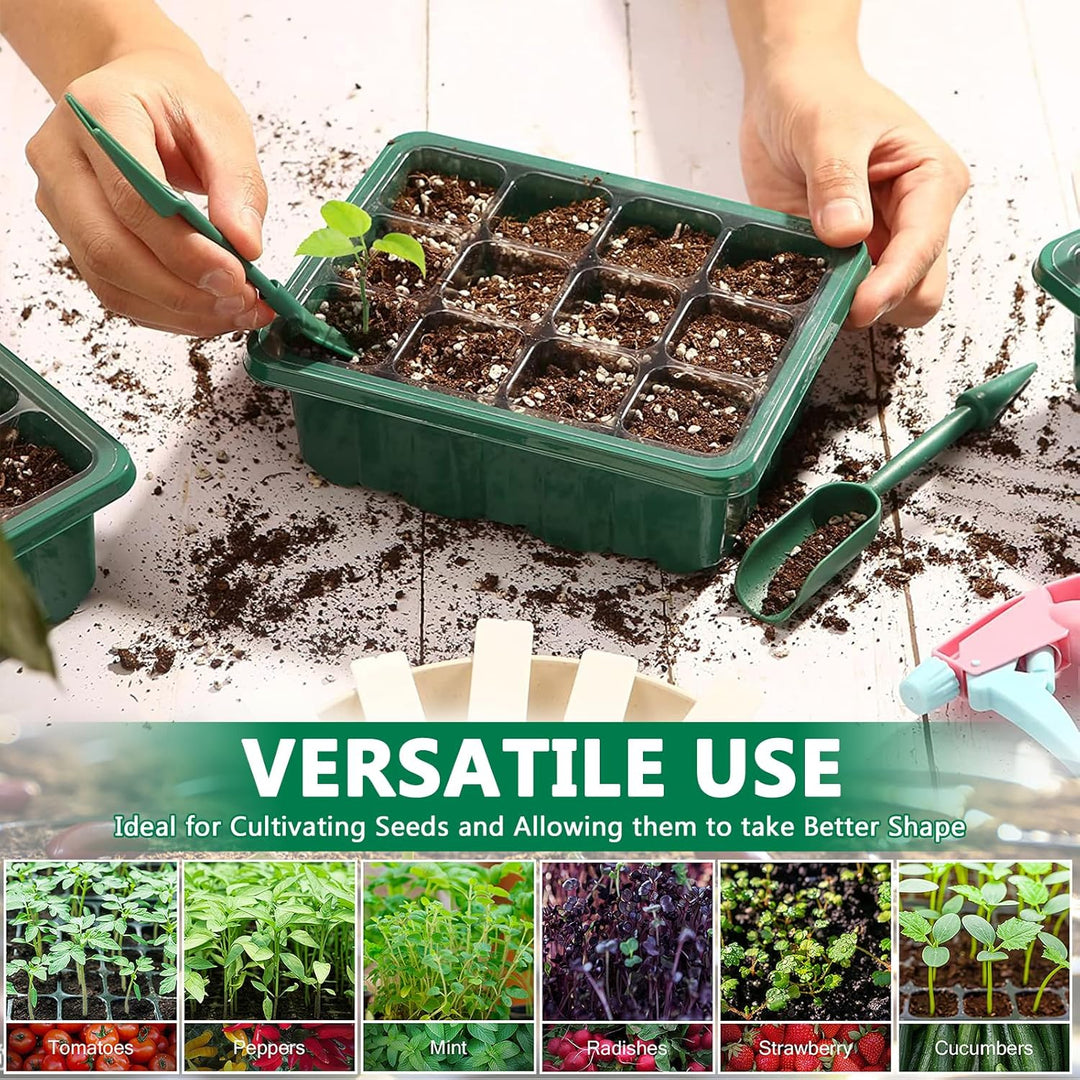 Zimmergewächshaus Anzuchtkasten, 10 Stück 120 Zellen Mini Gewächshaus Anzucht Set mit 2 Gartengeräte