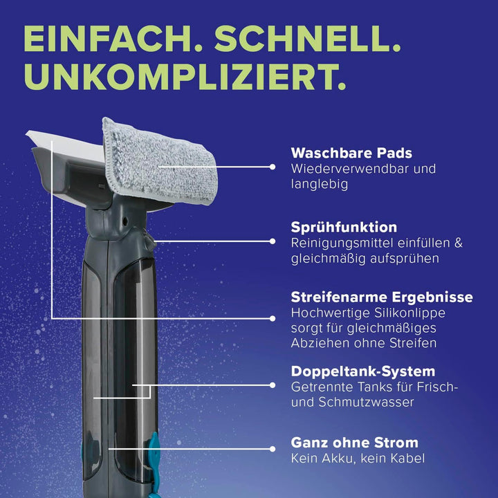 Fensterreiniger Set - Fensterabzieher mit 3-in-1 Sprüh-, Wisch- und Auffangfunktion - Abzieher ohne