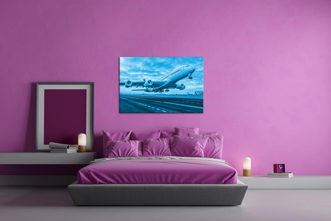 deyoli Flugzeug bei Sonnenuntergang Format: 100x70 cm Effekt: Monocrome Blau als Leinwandbild, Motiv