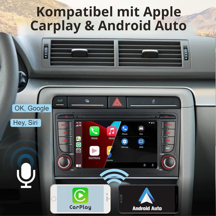Autoradio kompatibel mit drahtlos Carplay/Android Auto für Audi A4 S4 RS4 2002-2008 SEAT EXEO mit IP