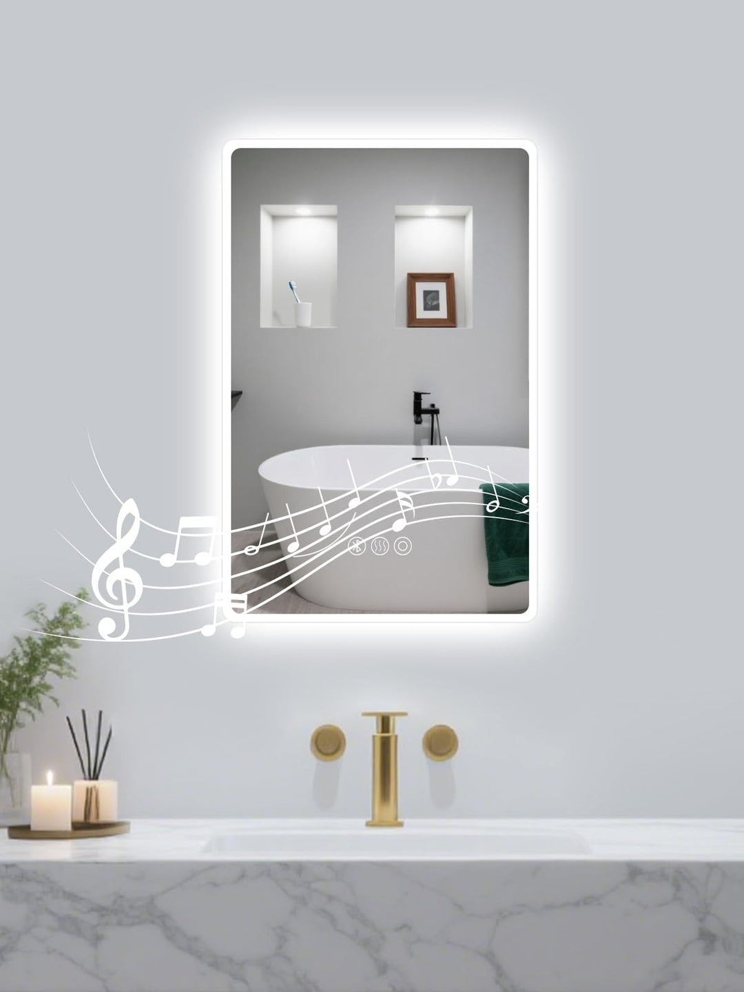 Badspiegel mit Beleuchtung,40x60cm LED Badezimmerspiegel Mit Licht und Bluetooth, Entfoggen, 3 Farbt