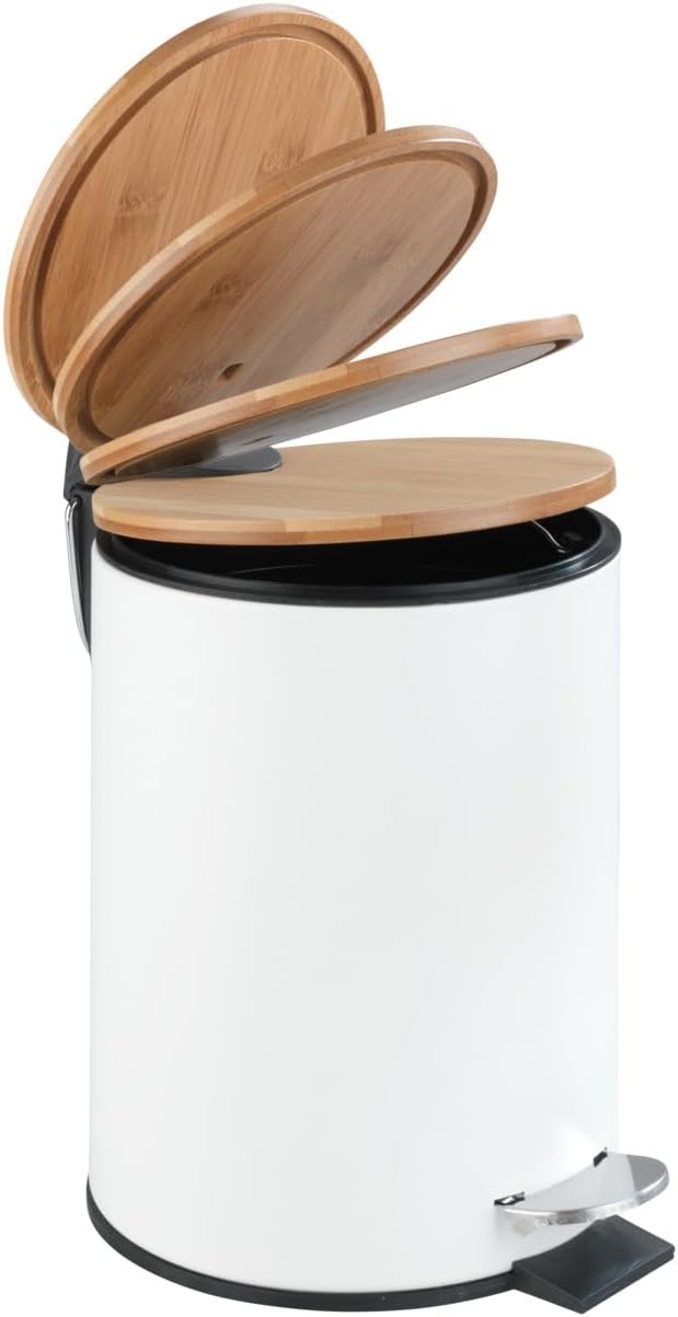 WENKO Kosmetik Treteimer Mod. Tortona 3 Liter, mit Deckel aus echtem Bambus, Badezimmer-Mülleimer mi