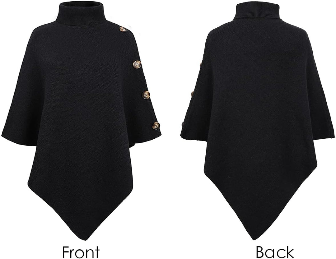 KOOSUFA Damen Strickponcho Rollkragen Gestrickter Poncho mit Dekorativen Knöpfen Strick Pullover Pon