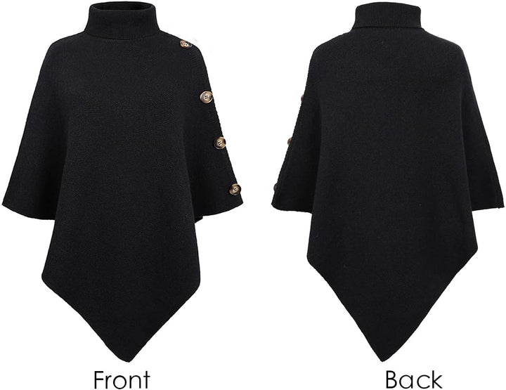 KOOSUFA Damen Strickponcho Rollkragen Gestrickter Poncho mit Dekorativen Knöpfen Strick Pullover Pon