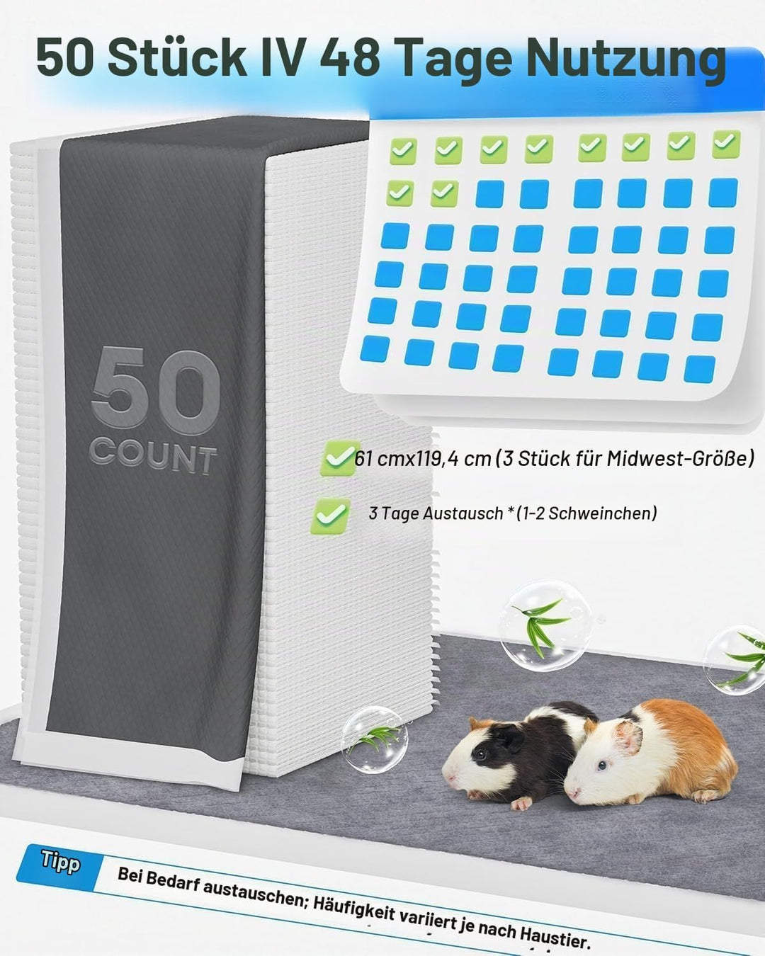 BUCATSTATE Einweg PIPI Pads für Meerschweinchen 50 Stück, 6 Lagen Super Saugfähig Kleintier Pee Pads