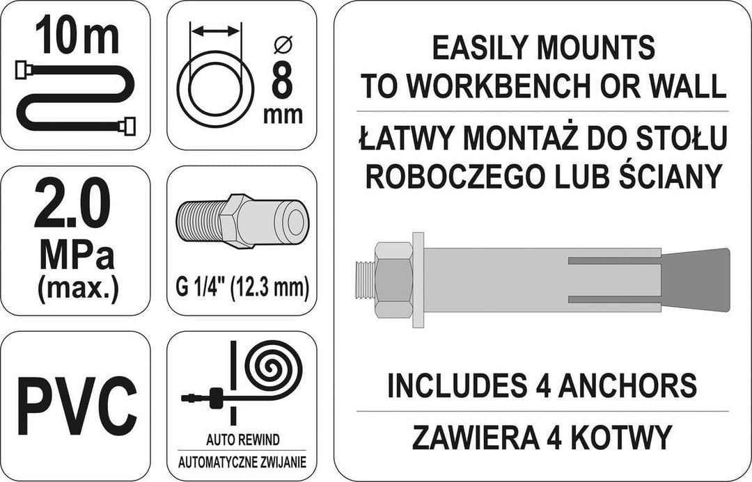 Pneumatischer Druckluftschlauch Trommel 10m / 14m mit automatischer Aufrollvorrichtung Wand-Halter S