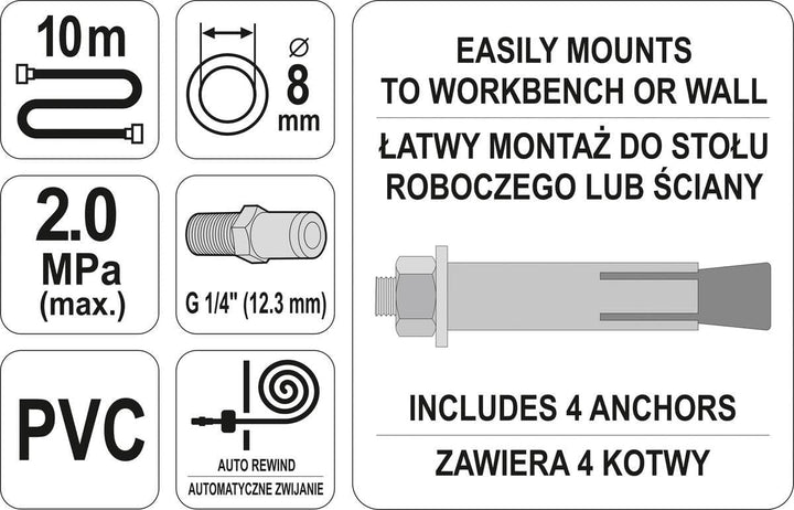 Pneumatischer Druckluftschlauch Trommel 10m / 14m mit automatischer Aufrollvorrichtung Wand-Halter S
