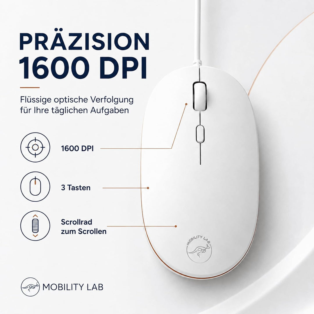 Mobility Lab ML301884 Wired Optische Maus 1600 DPI für Mac und PC-weiss, wired