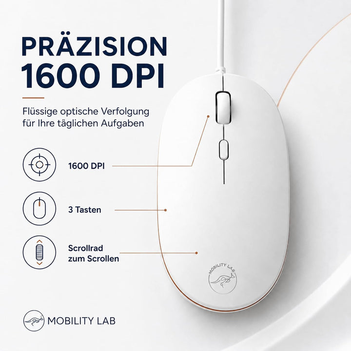 Mobility Lab ML301884 Wired Optische Maus 1600 DPI für Mac und PC-weiss, wired