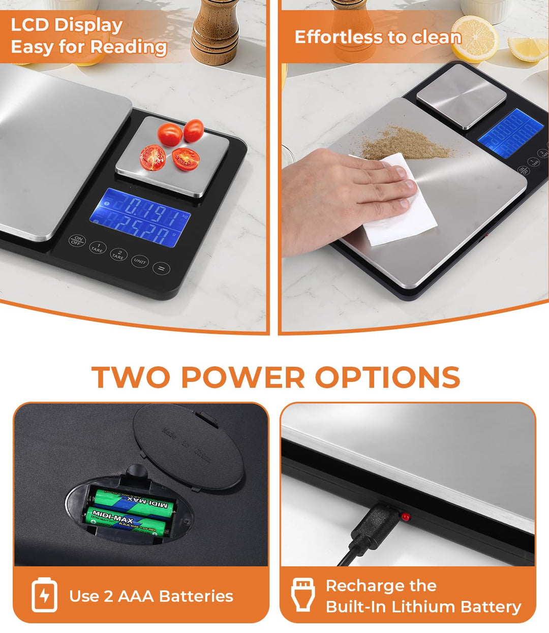 Doppelplattform-Digitalwaage,Digitale Küchenwaage(10kg/1g & 500g/0.01g),USB-Aufladung und Batteriebe