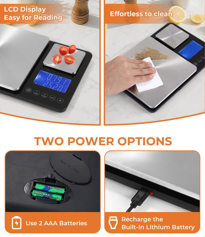 Doppelplattform-Digitalwaage,Digitale Küchenwaage(10kg/1g & 500g/0.01g),USB-Aufladung und Batteriebe