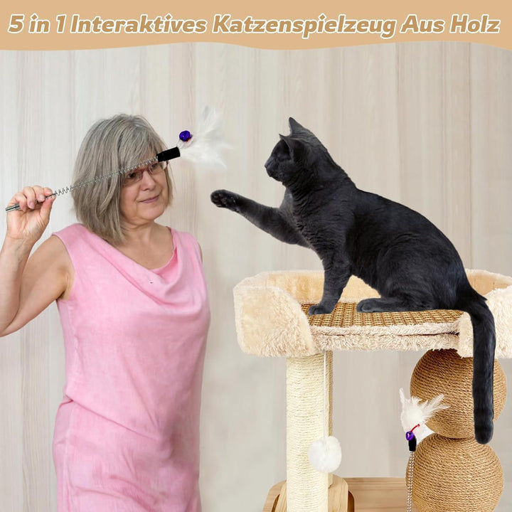 Interaktives Katzenspielzeug Aus Holz 6 in 1 Katzenmöbel mit Hängenden Kugeln, Drehbar Smart Track B